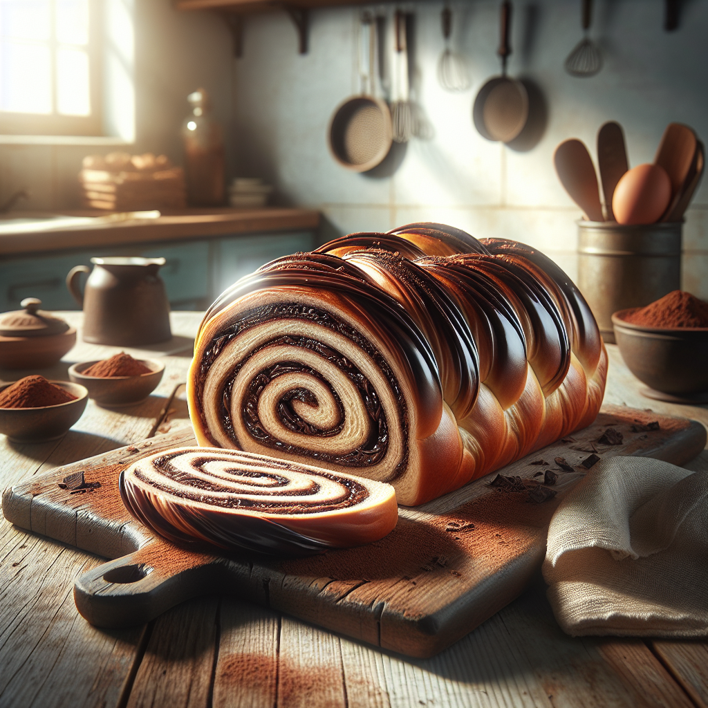 A freshly baked Chocolate Twist Bread, artfully sliced to reveal its rich, gooey chocolate swirls inside, rests on a rustic wooden cutting board in a warm and inviting home kitchen. The background is softly blurred, showcasing a hint of sunlit countertops and vintage kitchenware, creating an atmosphere of comfort. Warm, natural light gently illuminates the bread, enhancing its glossy finish and the rich textures, with a few scattered cocoa powder dustings adding to the scene's authenticity.