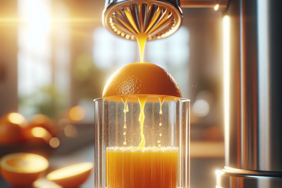 A stainless steel citrus juicer in action, squeezing a vibrant orange over a glass, with droplets of juice visible. Soft focus kitchen counter in the background, warm natural light streaming through a window, creating a bright and inviting atmosphere.