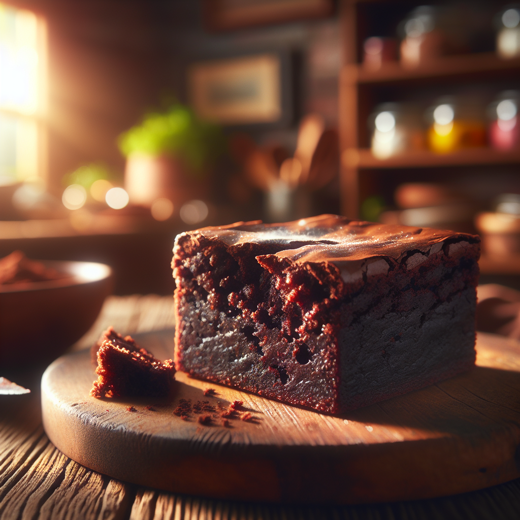 Close-up of a rich, fudgy cocoa brownie, with a slice taken out to reveal its moist, gooey interior, resting on a rustic wooden cutting board. The soft, warm light from a nearby window highlights the brownie’s glossy surface and the delicate dusting of powdered sugar on top. Out of focus in the background, a cozy home kitchen teems with shelves of baking ingredients and a hint of colorful utensils, creating an inviting atmosphere that enhances the delicious appeal of the brownies.