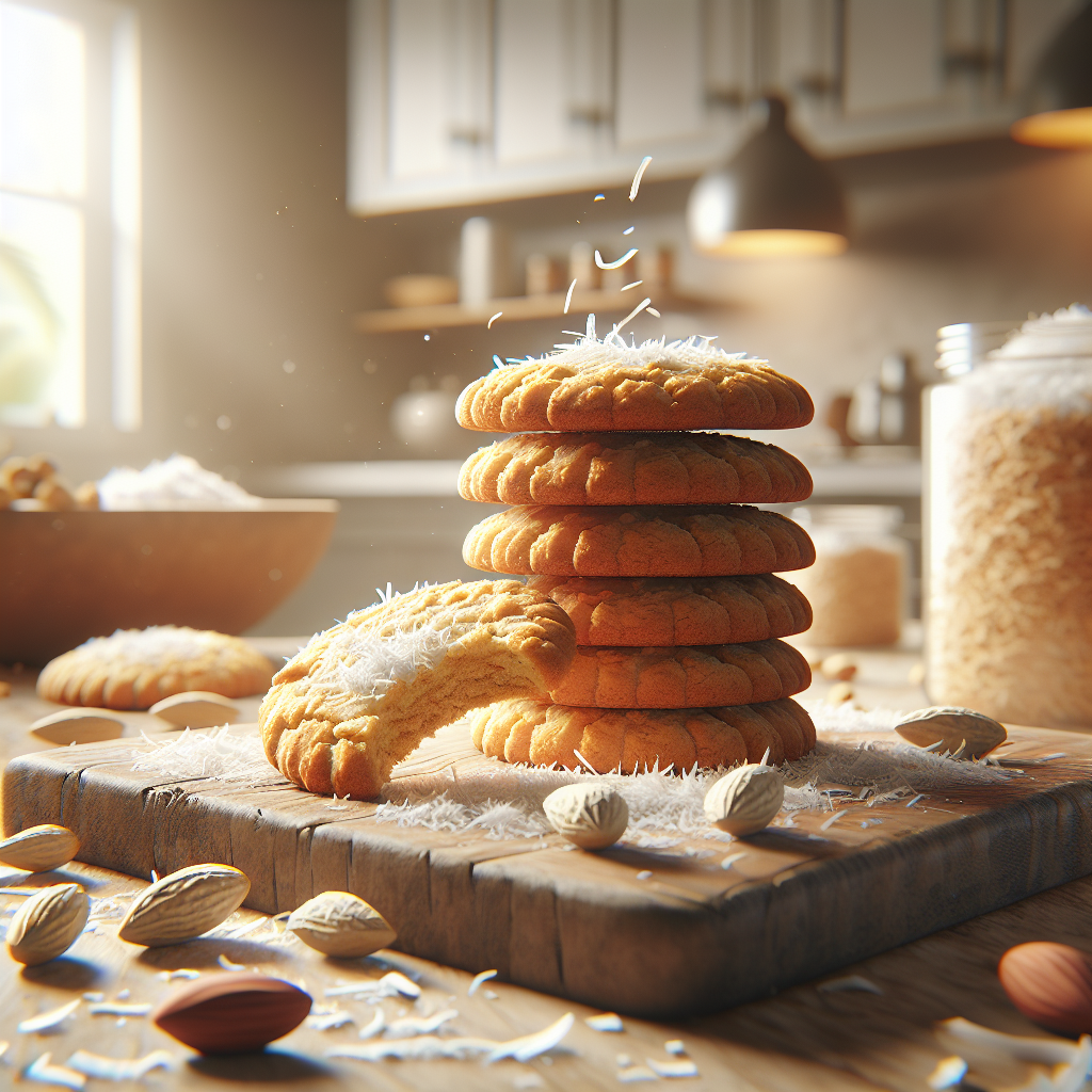 Close-up of freshly baked Coconut Peanut Butter Cookies stacked on a rustic wooden cutting board, with one cookie slightly broken to reveal its chewy, golden interior. The background features a softly blurred modern kitchen with warm tones and subtle hints of baking ingredients scattered nearby. Bright, natural light streams in from a nearby window, creating inviting shadows and highlighting the textures of the cookies, while a few shredded coconut flakes and peanuts add a touch of detail to enhance the scene.