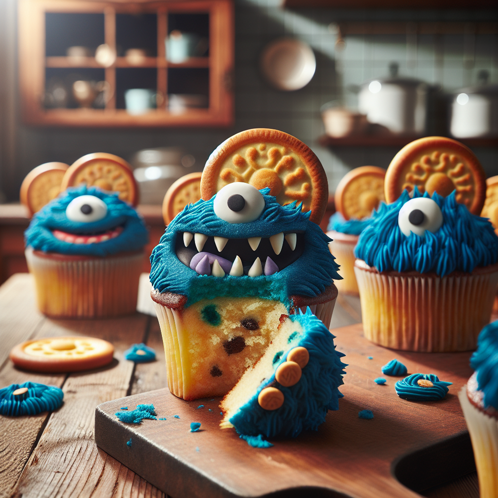 A close-up of beautifully decorated Cookie Monster Cupcakes, featuring rich blue frosting adorned with chocolate chip cookie accents, enticingly displayed on a rustic wooden kitchen countertop. The focus is on the luscious texture of the frosting and the moist interior revealed in a sliced cupcake, with a softly blurred out-of-focus background of a cozy kitchen filled with baking tools and warm wood accents. The scene is illuminated by soft natural light, creating a warm and inviting atmosphere that highlights the vibrant colors and details of the cupcakes.