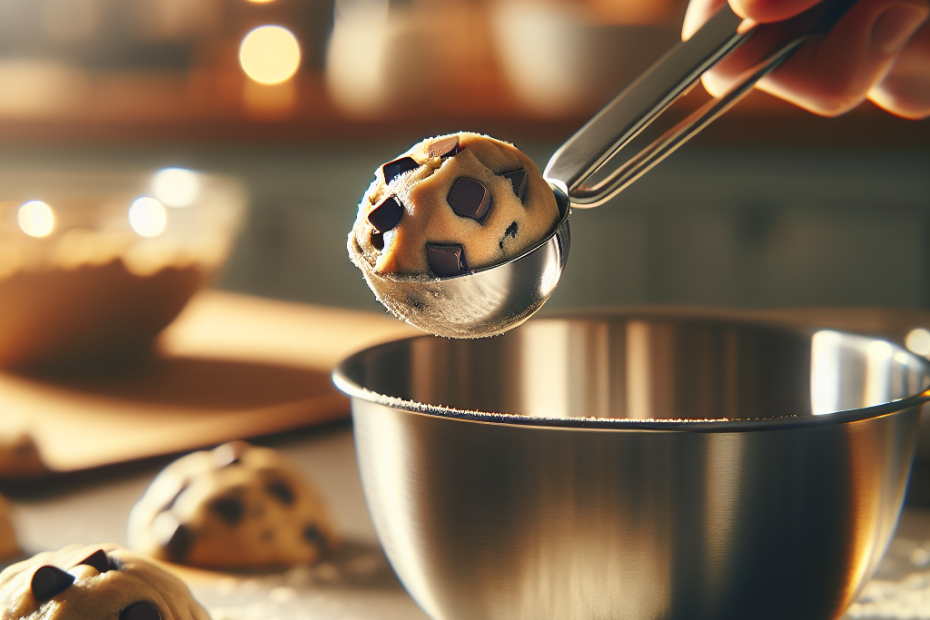 A shiny stainless steel cookie scoop in action, scooping a perfectly round ball of chocolate chip cookie dough from a mixing bowl. Soft focus kitchen countertop in the background, with warm ambient lighting creating a cozy atmosphere. Flour dusting and a few scattered chocolate chips visible on the counter, adding authenticity to the baking scene.