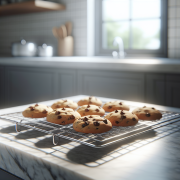 A stainless steel cooling rack placed on a marble countertop, holding freshly baked chocolate chip cookies. Soft natural light streams through a nearby window, casting gentle shadows and highlighting the golden-brown edges of the cookies, while the background fades into a blurred kitchen scene.