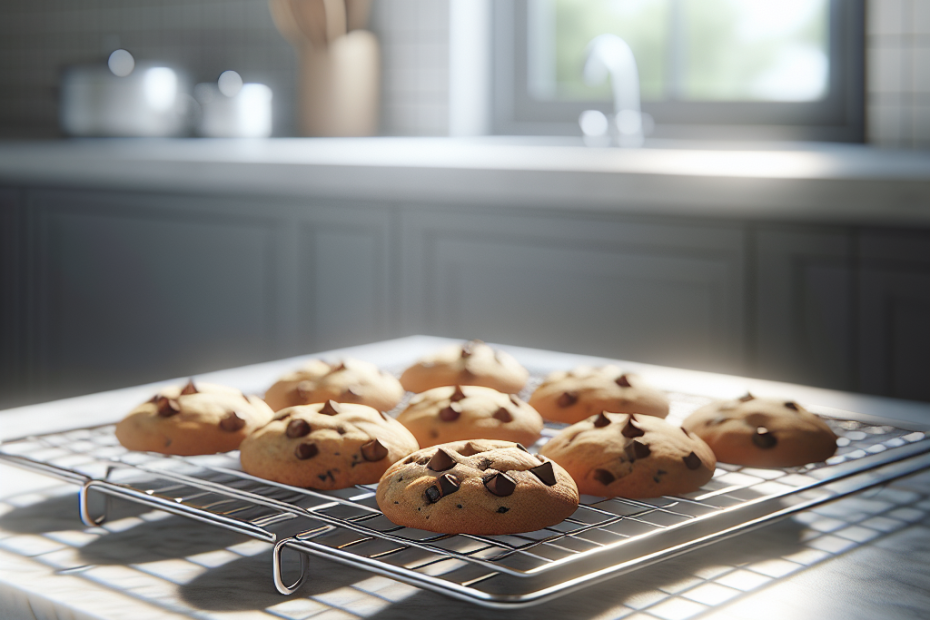 A stainless steel cooling rack placed on a marble countertop, holding freshly baked chocolate chip cookies. Soft natural light streams through a nearby window, casting gentle shadows and highlighting the golden-brown edges of the cookies, while the background fades into a blurred kitchen scene.