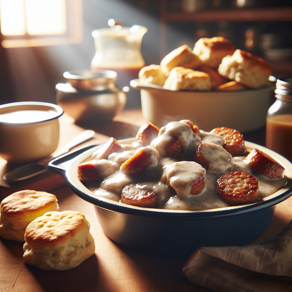 Close-up of a generous serving of Country Style Sausage, Biscuits, and Gravy, with the biscuits warm and flaky, and the rich, creamy gravy cascading over the sausage. In the softly blurred background, a rustic home kitchen setting with wooden countertops and a vintage enamelware dish adds warmth to the scene. Soft, natural sunlight illuminates the dish, enhancing the textures and inviting a cozy, hearty atmosphere.