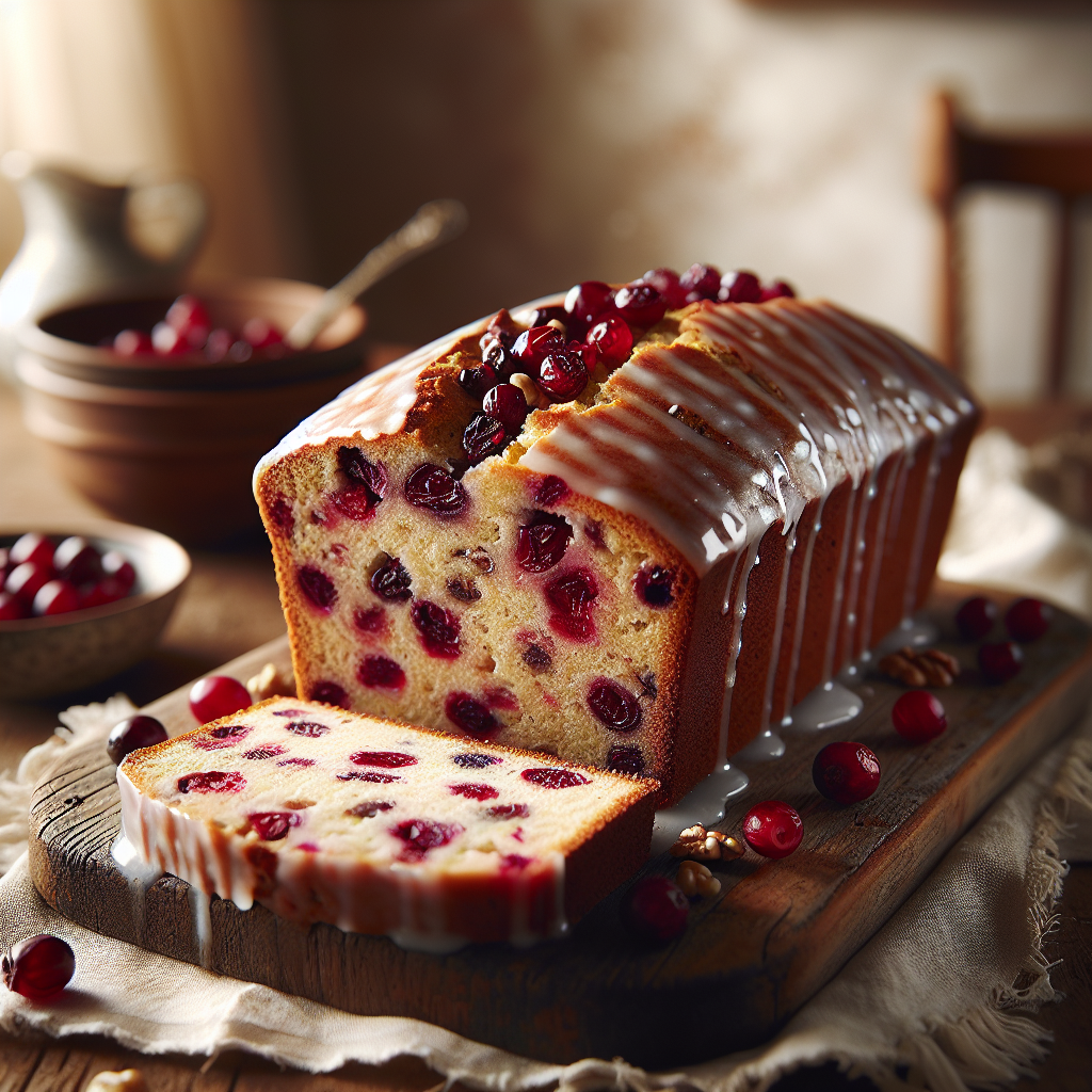 A beautifully baked Cranberry & Nut Loaf Cake, glistening with a light glaze, rests on a rustic wooden cutting board with a slice cut to reveal its moist interior filled with vibrant cranberries and crunchy nuts. The background features a softly blurred cozy kitchen setting, with warm, natural light streaming in from a nearby window, creating a welcoming atmosphere. Scattered around the loaf are rich, textured linen napkins and a few fresh cranberries, enhancing the inviting scene.