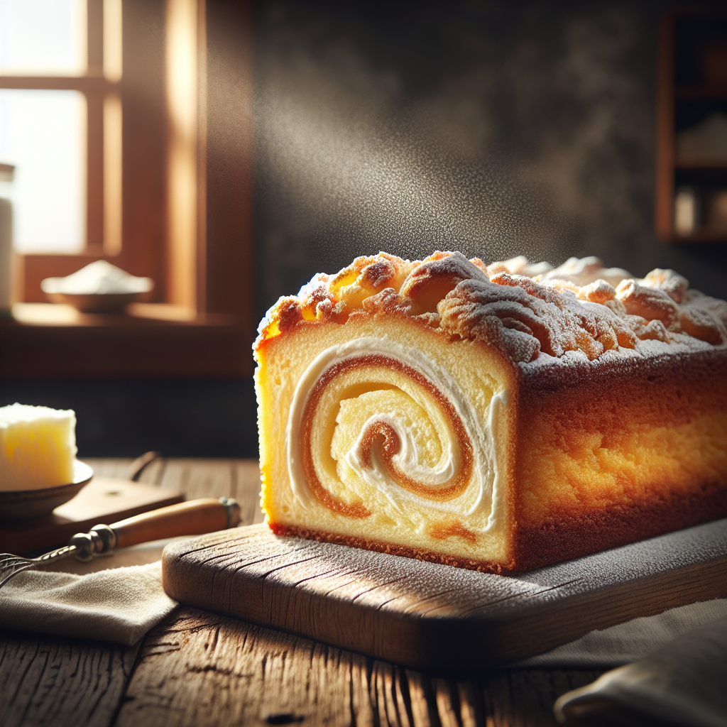 A slice of cream cheese coffee cake, showcasing a moist interior with swirls of creamy filling and a golden-brown crumb topping, sits elegantly on a rustic wooden cutting board. The blurred background of a warmly lit kitchen, with soft shadows and hints of baking ingredients like flour and sugar, creates a cozy atmosphere. Natural light pours in from a nearby window, enhancing the rich textures of the cake while a sprinkle of powdered sugar delicately dusts the top, inviting you to savor a bite.