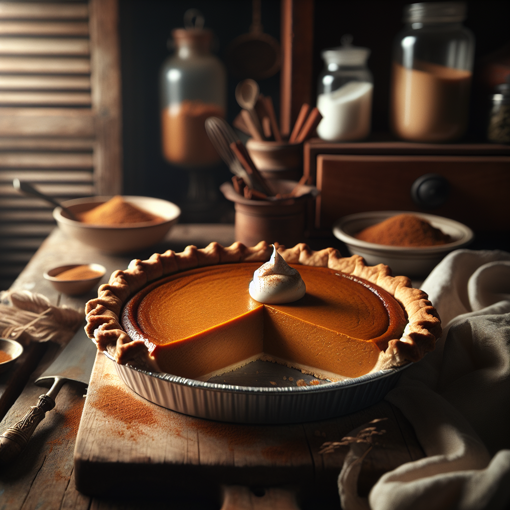 A beautifully sliced crustless pumpkin pie sits on a rustic wooden cutting board, showcasing its creamy, spiced interior with a gently glistening surface. The background features softly blurred kitchen elements, such as a vintage spice rack and warm-toned cabinets, creating a cozy, inviting atmosphere. Illuminated by soft, natural light filtering through a nearby window, the scene emphasizes the pie's rich colors and textures, complemented by a sprinkle of cinnamon and a dollop of whipped cream on the side.