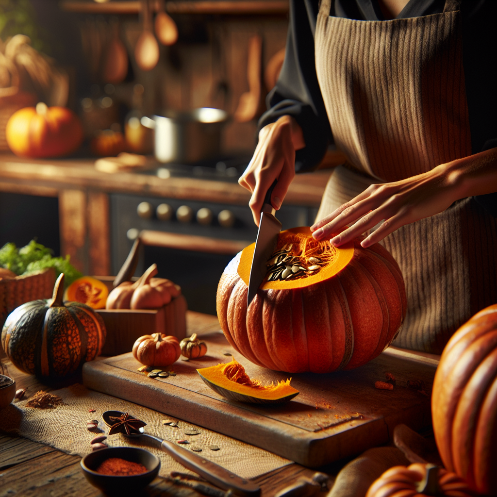 A chef's hands skillfully cut into a whole, vibrant orange pumpkin, revealing its rich, textured flesh and seeds in a close-up shot. The softly blurred background of a rustic kitchen, with wooden countertops and an array of autumn-themed ingredients, complements the scene. Warm, inviting lighting highlights the pumpkin's glossy skin and creates a cozy atmosphere, enhanced by scattered fall spices and a knife resting nearby.