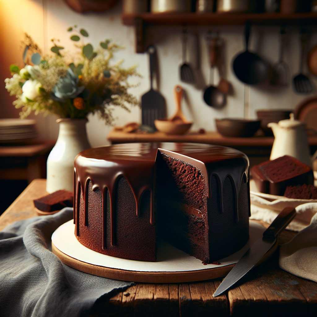 A rich, moist dairy-free chocolate cake sits elegantly on a rustic wooden kitchen countertop, with a slice freshly cut to reveal its decadent, fudgy interior. The background gently blurs to showcase cozy kitchen elements, including a bouquet of fresh flowers and elegant baking utensils, bathed in warm, golden light that highlights the cake's glossy ganache. The scene exudes a homey atmosphere, enhanced by the soft textures of linens and the inviting aroma of freshly baked treats.