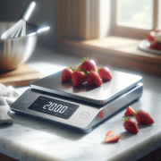 A sleek digital kitchen scale on a marble countertop, weighing a handful of fresh strawberries. Soft natural light streams in from a nearby window, casting gentle shadows and highlighting the scale's stainless steel surface and illuminated LCD display. In the blurred background, a mixing bowl and whisk hint at a baking project in progress.