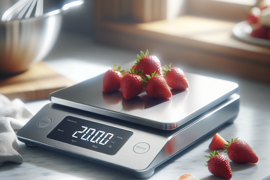 A sleek digital kitchen scale on a marble countertop, weighing a handful of fresh strawberries. Soft natural light streams in from a nearby window, casting gentle shadows and highlighting the scale's stainless steel surface and illuminated LCD display. In the blurred background, a mixing bowl and whisk hint at a baking project in progress.