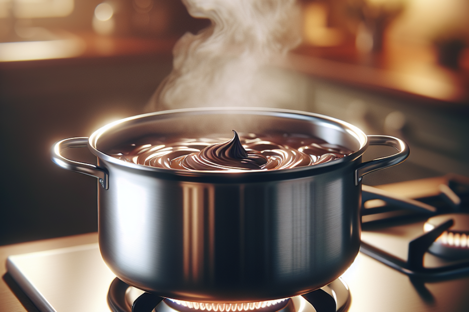 A stainless steel double boiler on a stovetop, steam rising gently from the simmering water in the lower pot as melted chocolate swirls in the upper insert. Soft focus kitchen background with warm, diffused lighting highlighting the gleaming metal surfaces and creating a cozy, home-cooking atmosphere.