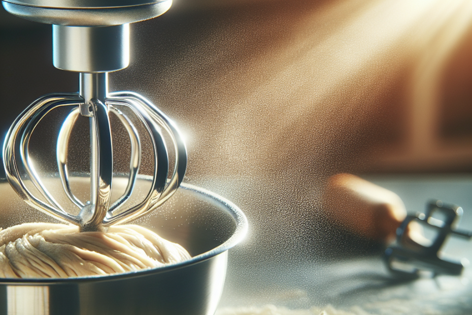 A shiny stainless steel dough hook attachment spinning vigorously in a bowl of bread dough, flecks of flour visible in the air. Soft focus kitchen countertop in the background, with warm natural light streaming in from a nearby window, highlighting the metallic curves of the hook and the texture of the dough.