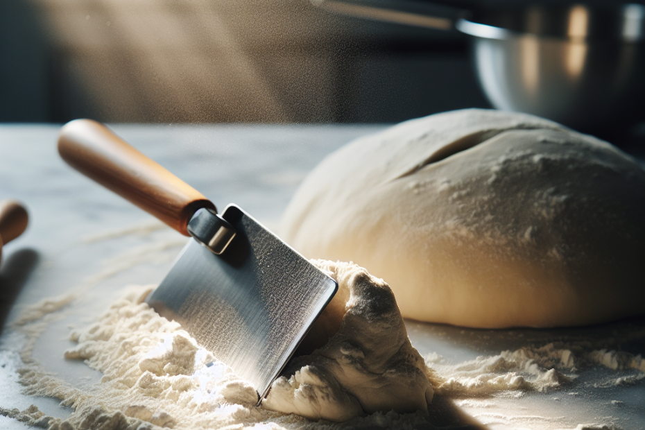 A stainless steel dough scraper in action, slicing through a mound of floury dough on a marble countertop. Soft, diffused natural light streams in from a nearby window, highlighting the tool's gleaming surface and the floating flour particles in the air. In the blurred background, a wooden rolling pin and a dusting of flour are visible.