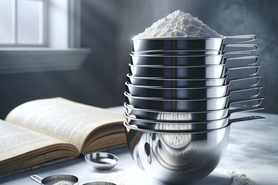 Stainless steel dry measuring cups stacked neatly on a marble countertop, with flour dusting the rims and a recipe book open in the background. Soft natural light streams in from a nearby window, highlighting the metallic sheen of the cups and creating gentle shadows on the counter's surface.