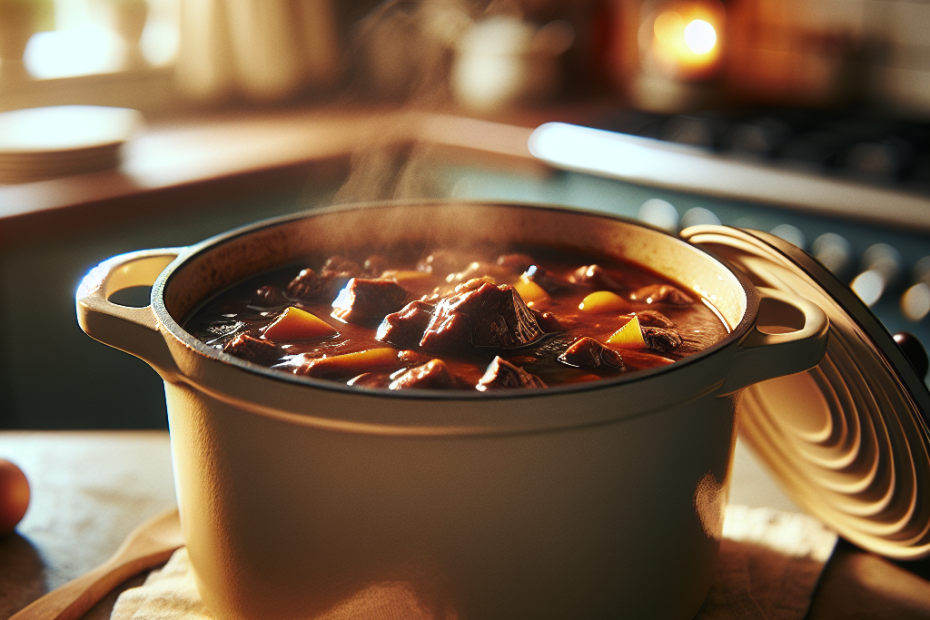 A steaming Dutch oven filled with a hearty beef stew, its lid partially lifted to reveal rich, savory contents. Soft focus kitchen countertop in the background, with warm, ambient lighting casting a cozy glow on the pot's enameled surface and highlighting wisps of aromatic steam.