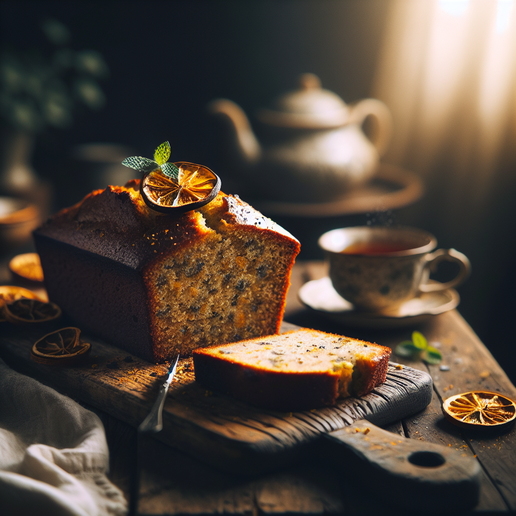 A beautifully sliced piece of Earl Grey Banana Bread sits on a rustic wooden cutting board, revealing its moist, aromatic interior flecked with hints of black tea and citrus zest. In the softly blurred background, a cozy kitchen scene unfolds, featuring warm, ambient lighting that casts gentle shadows and highlights the bread's golden crust. A delicate teacup filled with steaming Earl Grey tea and a sprig of fresh mint complete the inviting tableau, enhancing the overall warmth and comfort of this culinary delight.