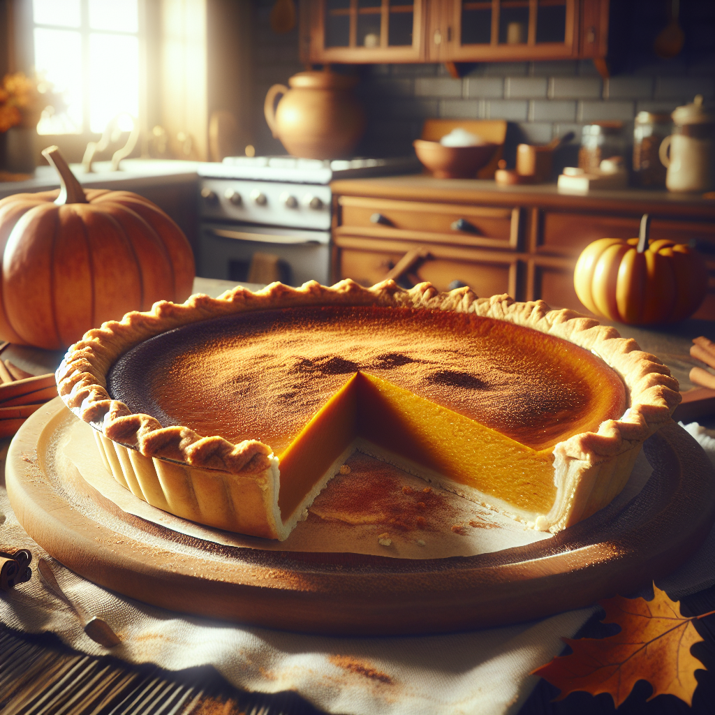 A close-up of a freshly baked pumpkin pie with a perfectly golden crust, a slice cut out to reveal the rich, creamy filling, and a sprinkle of cinnamon on top. The background features a softly blurred, cozy home kitchen with rustic wooden cabinets and warm, inviting decor, enhancing the homey feel of the scene. Soft, natural light streams in from a nearby window, casting gentle highlights and shadows that accentuate the pie's texture, while a few scattered autumn leaves and a small pumpkin add seasonal charm to the composition.