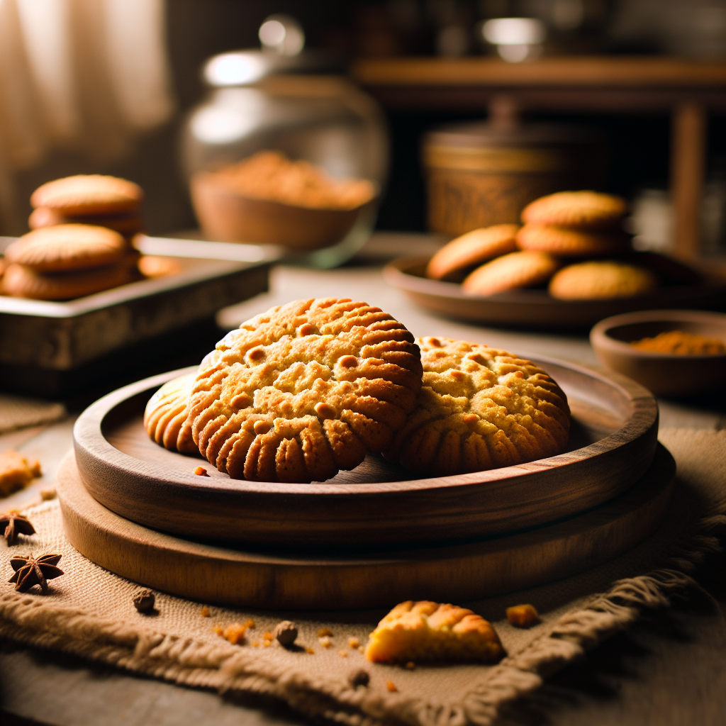 A freshly baked Eggless Nan Khatai, golden-brown with a hint of crispiness, is served on a rustic wooden plate, showcasing its crumbly texture and delicate interiors. The background features a warmly lit home kitchen with softly out-of-focus details, like a spice jar and a baking tray, creating an inviting atmosphere. Gentle, diffused light enhances the scene, casting a warm glow that highlights the cookie's inviting surface and complements the cozy, homey vibe.