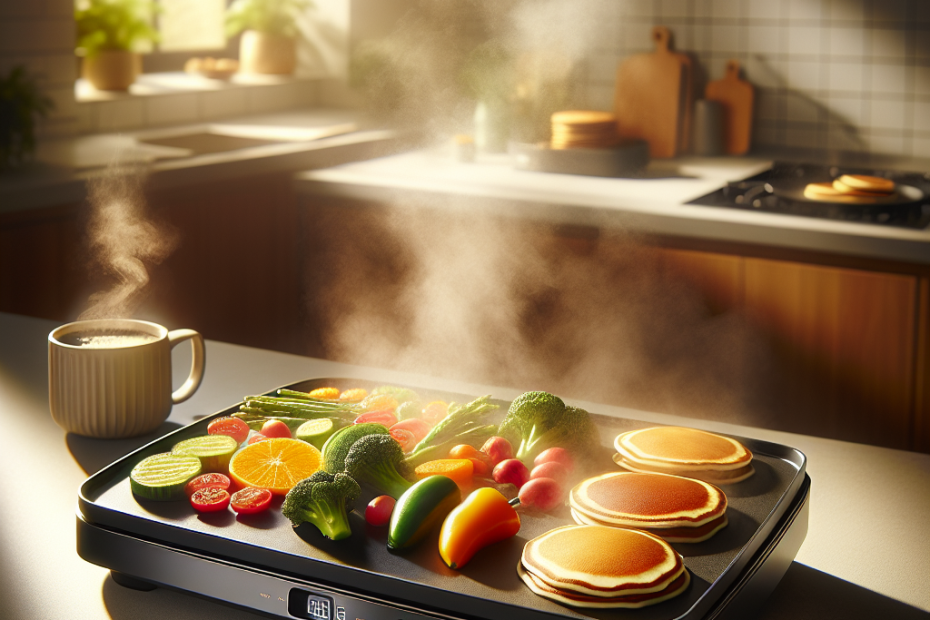 A sleek electric griddle sizzling with an array of colorful vegetables and pancakes, steam rising gently. Soft focus kitchen counter in the background, warm morning light streaming through a window, creating a cozy atmosphere with a mug of coffee nearby.