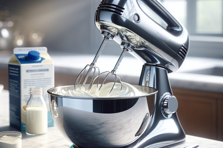 A sleek electric hand mixer whipping cream in a stainless steel bowl, set on a marble kitchen counter with soft natural light streaming through a nearby window. The mixer's chrome body gleams, its beaters partially submerged in the fluffy white cream, while a carton of heavy cream and a small jar of vanilla extract sit blurred in the background.