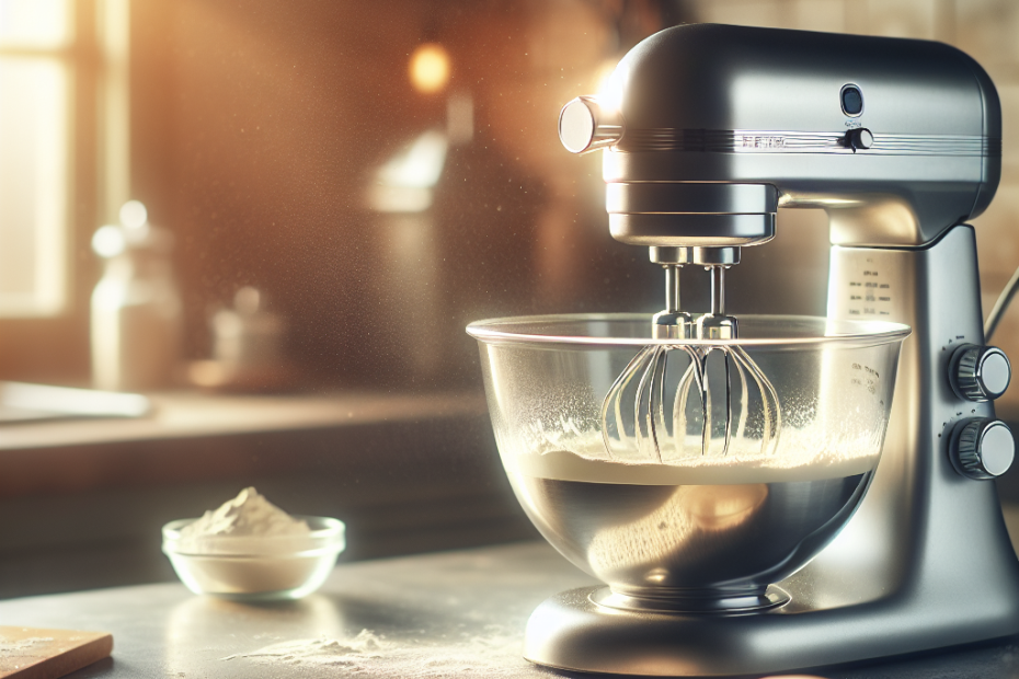 A shiny stainless steel electric mixer stand in action, whipping cream in a glass bowl. Soft focus kitchen counter background with warm, diffused lighting streaming through a nearby window. Flour dust and a recipe book visible in the periphery, adding to the baking atmosphere.