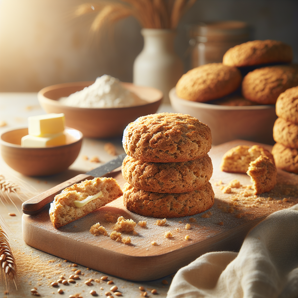 A close-up of freshly baked whole wheat biscuits, golden brown with a crumbly texture, displayed on a light wooden cutting board, with one biscuit sliced open to reveal a soft, fluffy interior. The background features a softly blurred home kitchen with warm, ambient lighting, highlighting a rustic countertop and a bowl of fresh herbs. A sprinkling of whole wheat flour and a small butter dish beside the biscuits adds a touch of realism and warmth to the inviting scene.