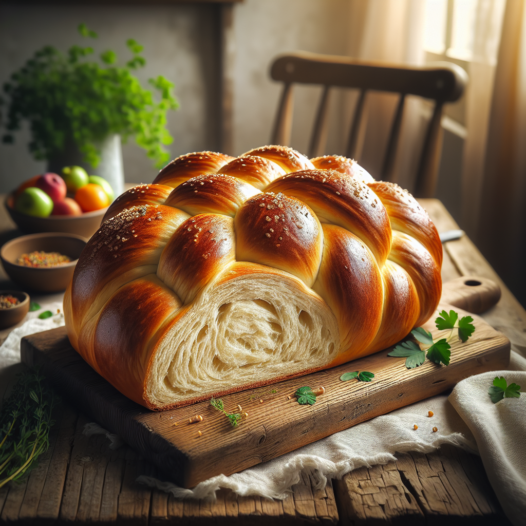 A beautifully golden-brown, fluffy sourdough challah sits cut in half on a rustic wooden cutting board, showcasing its soft, airy interior and braided texture. The background features a softly blurred home kitchen with warm, inviting tones, where fresh herbs and a bowl of vibrant seasonal fruits subtly complement the scene. Soft, natural light filters through a nearby window, enhancing the textures of the challah while creating a cozy, welcoming atmosphere.