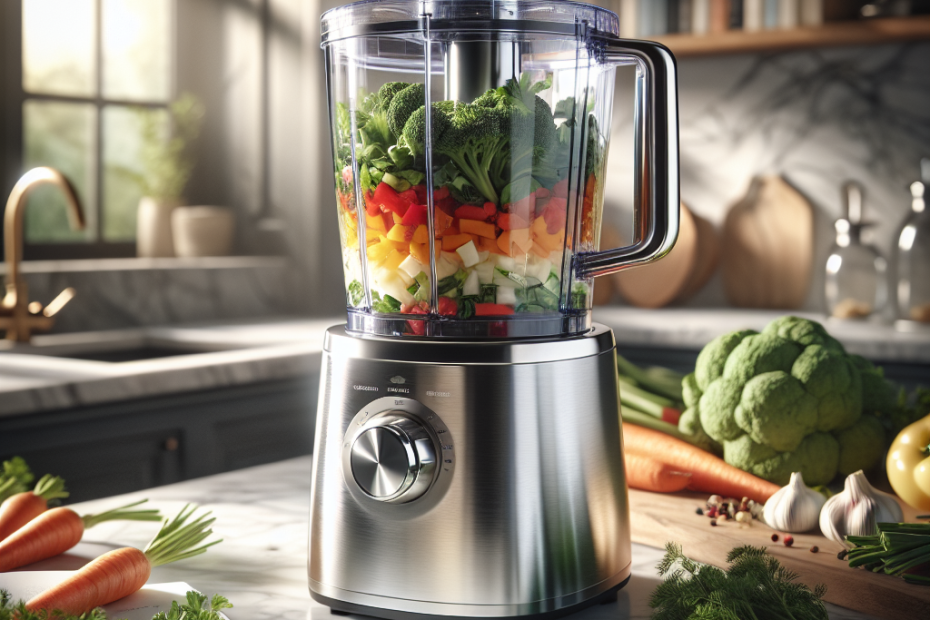 A sleek stainless steel food processor blending vibrant vegetables on a marble kitchen countertop. Soft natural light streams through a nearby window, illuminating the scene with a warm glow, while fresh herbs and a recipe book sit nearby, slightly out of focus in the background.