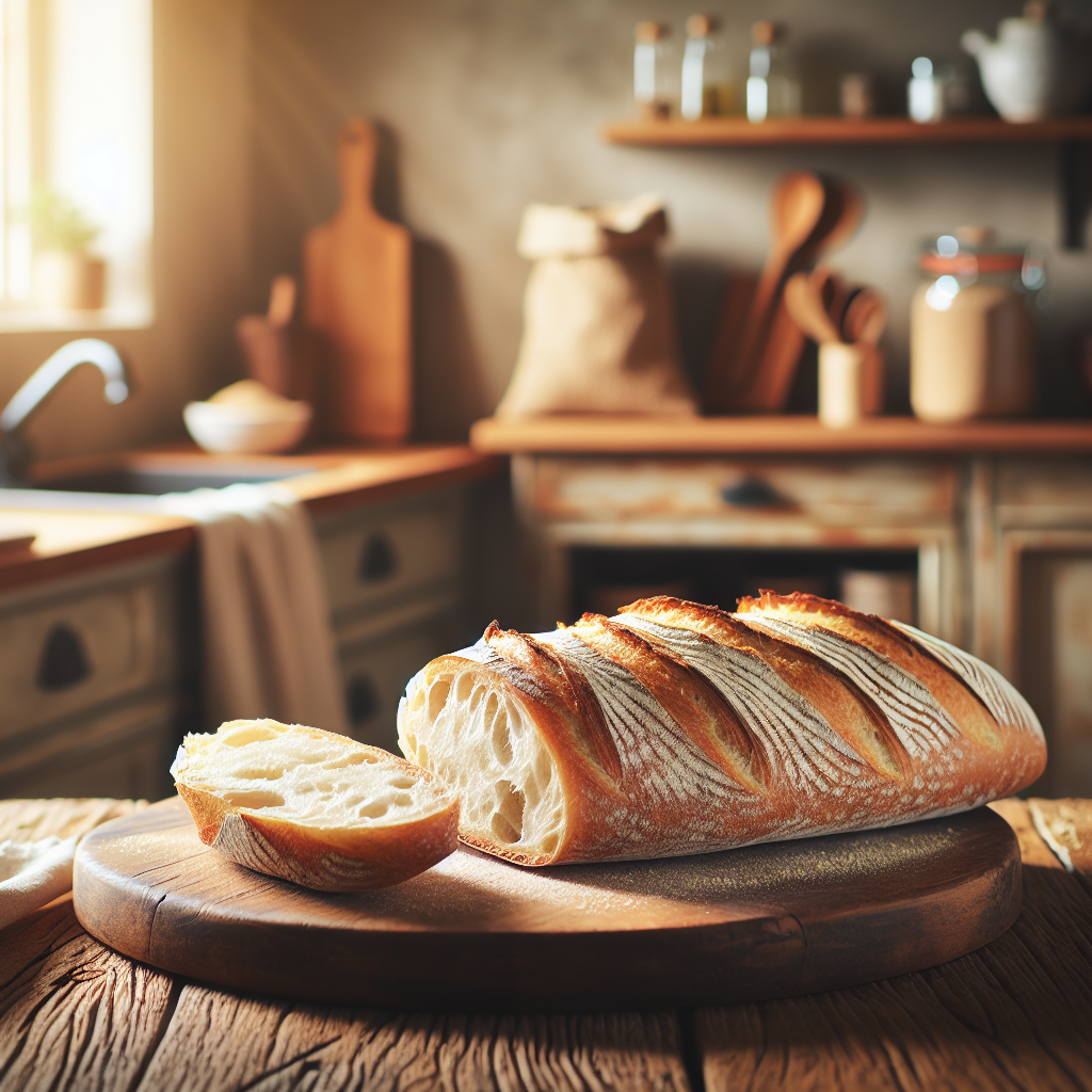 A freshly baked French Baguette, golden-brown and crusty, rests on a rustic wooden cutting board, with a slice revealing its airy, soft interior. The background features a softly blurred home kitchen with warm, inviting tones and hints of kitchenware, like a flour sack and olive oil bottle, creating a cozy culinary atmosphere. The scene is illuminated by gentle, natural light filtering through a nearby window, enhancing the textures of the bread and the warmth of the kitchen.