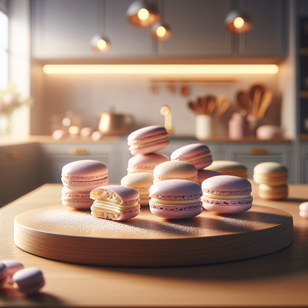 A close-up of beautifully arranged French Macarons in pastel hues, with one macaron sliced in half to reveal its creamy filling, showcasing the delicate, airy texture. The setting is a softly lit, modern home kitchen, with a blurred background featuring wooden countertops and subtle kitchen utensils. Warm, inviting light highlights the macarons, enhancing their glossy surfaces and creating gentle shadows, while a sprinkle of powdered sugar adds a touch of elegance to the scene.