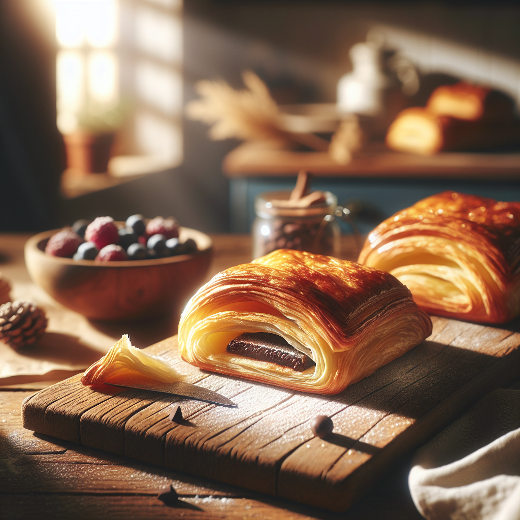 A beautifully baked French Puff Pastry sits elegantly on a rustic wooden cutting board, its golden, flaky layers visible as a slice is removed, revealing a delicate chocolate filling inside. The softly blurred background features a warm, inviting kitchen with sunlight filtering through a window, casting gentle highlights on the pastry's surface. The scene is enriched by the presence of a dusting of flour and a small bowl of fresh berries nearby, evoking a comforting, home-cooked atmosphere.