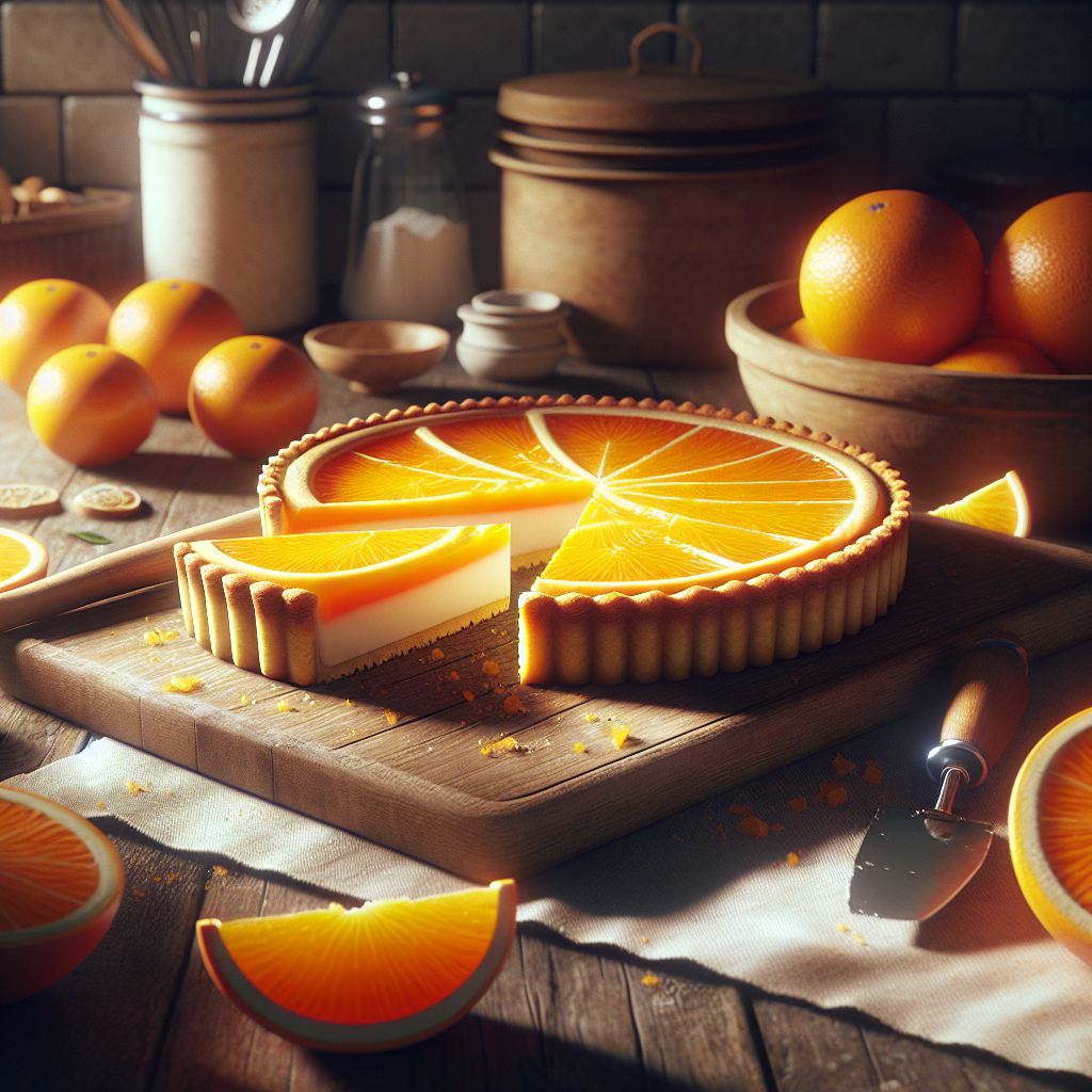 A freshly cut slice of a decadent Fresh Orange Cream Tart, showcasing its vibrant orange filling and creamy texture, is elegantly placed on a rustic wooden kitchen countertop. The softly blurred background reveals a cozy home kitchen setting with baking tools and a citrus bowl, bathed in warm, natural light that highlights the tart's glossy surface and the zest of fresh oranges. The inviting atmosphere is enhanced by delicate shadows and the subtle sheen of the creamy layer, providing an enticing and realistic culinary scene.