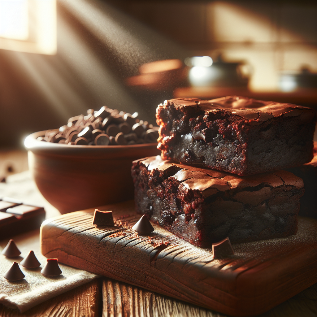 A close-up of a freshly baked fudgy chocolate brownie, cut to reveal its rich, gooey interior, resting on a rustic wooden cutting board. In the softly blurred background, a cozy home kitchen is visible, with warm, natural light filtering through a nearby window, highlighting the textures of the brownie and the inviting atmosphere. A small bowl of chocolate chips and a dusting of powdered sugar are artfully scattered around, adding a touch of culinary charm to the scene.