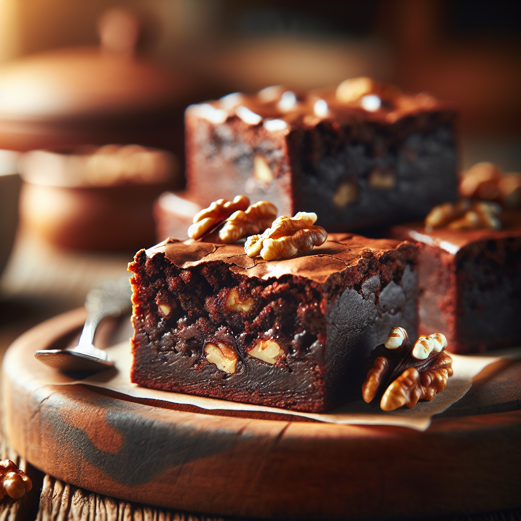 A close-up view of a decadent slice of fudgy walnut brownies, showcasing their rich, moist interior dotted with crunchy walnut pieces. The brownies sit on a rustic wooden cutting board, with a small silver fork resting beside them. The softly blurred background reveals a warm, inviting home kitchen setting, bathed in natural light coming from a nearby window, highlighting the textures and glossiness of the chocolate.