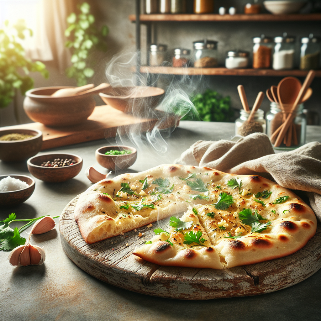 A beautifully baked garlic naan sits fresh on a rustic wooden cutting board, with a slice partially cut to reveal its fluffy, buttery interior dotted with minced garlic and fresh cilantro. The scene is set in a cozy, modern kitchen with softly blurred shelves adorned with spices and utensils in the background, creating a warm atmosphere. Soft, natural light streams in from a nearby window, highlighting the naan's golden-brown crust and the steam rising gently from its surface, enhancing the inviting and delectable feel of the dish.