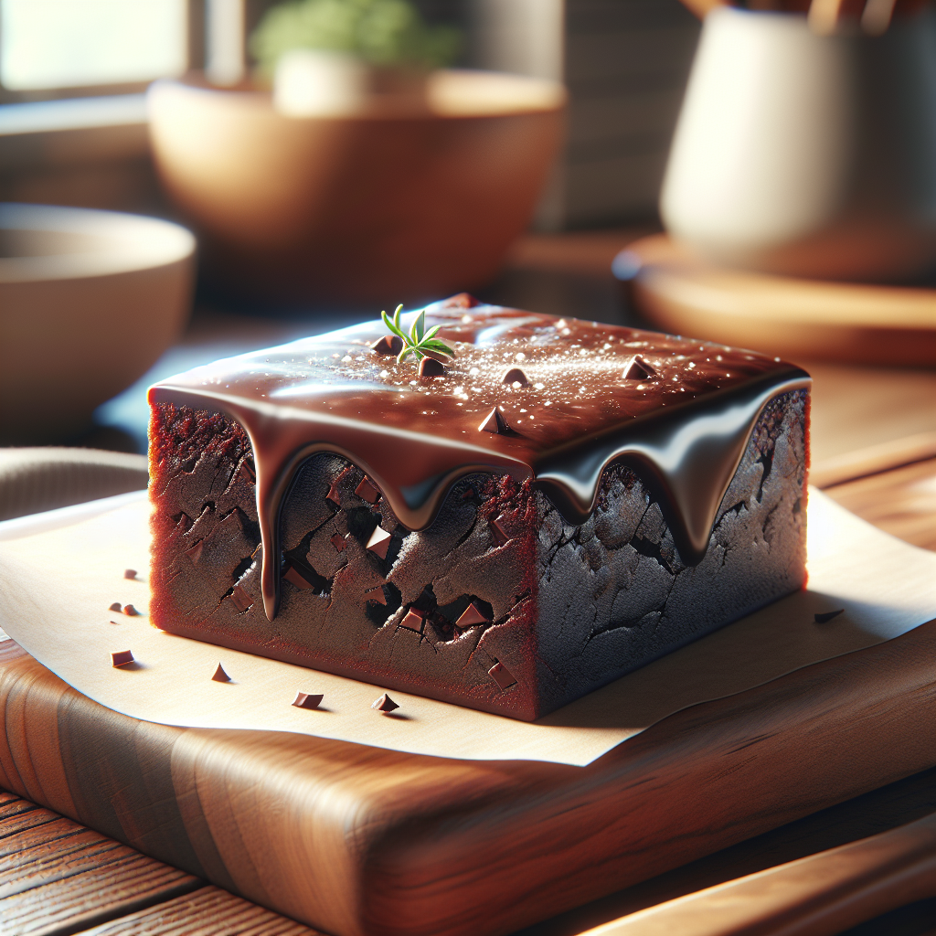 A close-up of a freshly baked Gluten-Free Cassava Brownie, showcasing its rich, fudgy texture with a decadent chocolate glaze, partially sliced to reveal a moist interior. The setting is a cozy home kitchen, with wooden surfaces and a softly blurred background featuring a light-colored countertop and kitchen utensils. Warm, natural lighting filters in from a nearby window, highlighting the brownie’s glossy finish and the subtle dusting of powdered sugar on top, creating an inviting and indulgent atmosphere.