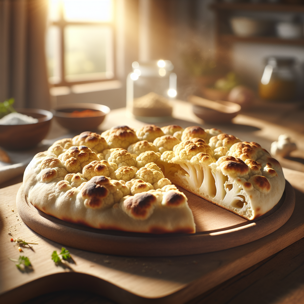 A close-up of a warm, golden-brown Gluten-Free Cauliflower Naan, displaying its soft, fluffy interior exposed from a fresh slice, resting on a rustic wooden cutting board. The background features a blurred, softly lit kitchen with hints of herbs and spices scattered on the countertop, creating an inviting culinary atmosphere. Natural light streams in from a nearby window, highlighting the naan's texture and enhancing the inviting, home-cooked feel of the scene.