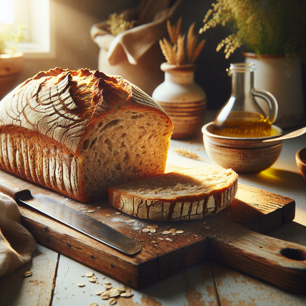 A freshly baked gluten-free oat flour bread loaf sits on a rustic wooden cutting board, its golden crust crackled and warm, with a slice freshly cut revealing its soft, airy crumb. The background features a softly blurred home kitchen adorned with warm tones and natural elements, enhancing the inviting, cozy atmosphere. Warm, natural light streams in through a nearby window, illuminating the bread and casting gentle shadows, while a small vase of fresh herbs and a bowl of olive oil are artfully placed nearby, adding a touch of culinary context.