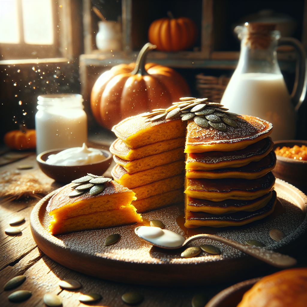 A close-up of a stack of golden-brown Gluten-Free Vegan Pumpkin Pancakes, artfully arranged on a rustic wooden plate, with a slice cut out to reveal the moist, fluffy interior. The background features a softly blurred home kitchen with warm tones, emphasizing the inviting atmosphere, while natural light streams in from a nearby window, casting gentle shadows that enhance the textures of the pancakes. Sprinkled with a dusting of powdered sugar and topped with a dollop of coconut yogurt and a drizzle of pure maple syrup, the scene is completed by a few scattered pumpkin seeds for a touch of visual interest.