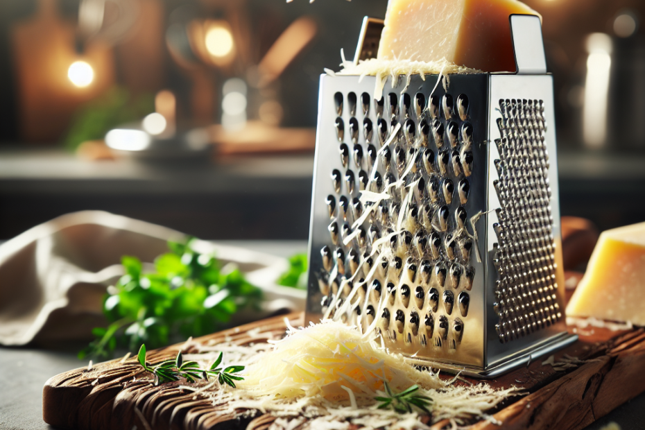 A stainless steel box grater in action, grating a block of Parmesan cheese onto a rustic wooden board. Soft kitchen lighting illuminates the scene, with a blurred marble countertop in the background. Cheese shavings and a few sprigs of fresh herbs scatter around the grater, adding texture and color to the composition.