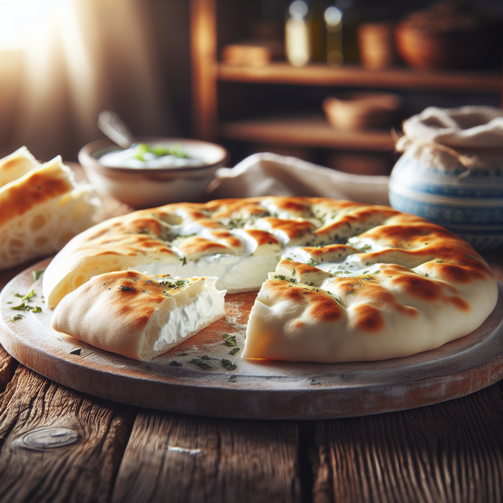 Close-up of a freshly baked Greek Yogurt Turkish Flatbread, sliced to reveal its fluffy, airy interior and golden-brown crust, resting on a rustic wooden cutting board. The kitchen background is softly out of focus, hinting at warm, inviting decor with subtle hints of herbs and spices, while natural sunlight streams in, highlighting the texture of the flatbread. Scattered around are a small bowl of olive oil and fresh herbs, enhancing the culinary atmosphere and suggesting a delightful serving experience.