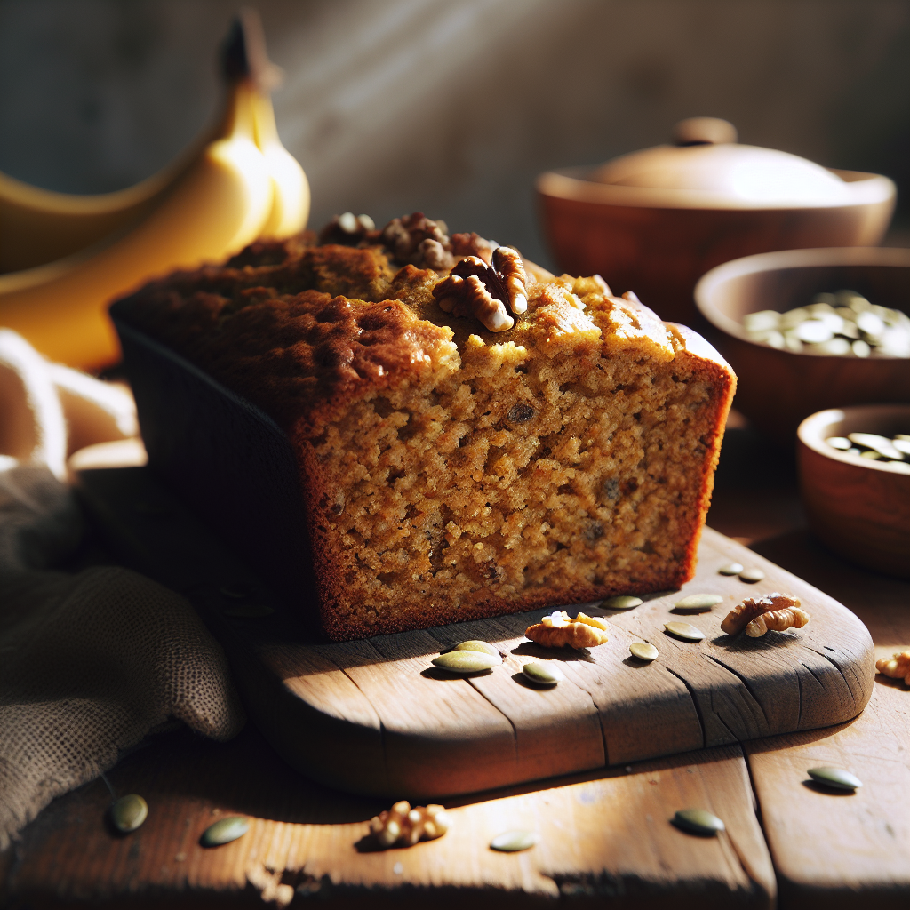 Close-up of a slice of Healthy Vegan Banana Pumpkin Bread, revealing its moist, fluffy interior dotted with walnuts and spices, sitting on a rustic wooden cutting board. The background features a softly blurred home kitchen setting with light streaming in through a nearby window, casting gentle shadows and highlighting the textured surface of the bread. A small bowl of pumpkin seeds and a few ripe bananas sit nearby, enhancing the cozy, inviting atmosphere of the scene.