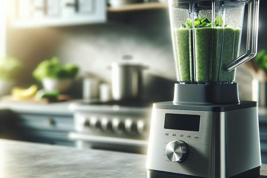 A sleek, high-powered blender whirring with vibrant green smoothie ingredients, positioned on a granite countertop with soft, natural light streaming in from the left. The background is a blurred modern kitchen, with stainless steel appliances visible, creating a clean and inviting atmosphere.