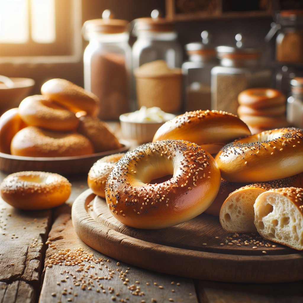 A close-up of freshly baked homemade bagels, golden brown and glazed to perfection, placed on a rustic wooden cutting board with one bagel sliced in half to reveal its fluffy interior. The scene is set in a cozy home kitchen, with blurred shelves of spices and a soft-focus window allowing warm, natural light to filter in, casting a gentle glow over the bagels. Accents of sesame and poppy seeds scattered around, along with a small dish of cream cheese nearby, add to the inviting and homey atmosphere.