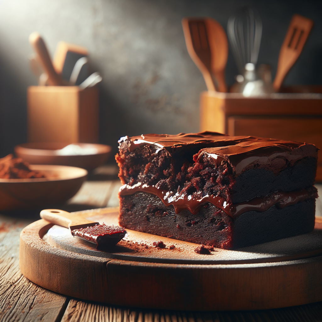 A decadent Homemade Brownie Cake with rich Fudge Frosting, sliced to reveal its moist layers and chocolatey interior, sits enticingly on a rustic wooden serving board. The background features a softly blurred kitchen, hinting at warm, inviting homey elements like utensils and flour scattered lightly, creating a cozy baking atmosphere. Warm, diffused light cascades from an overhead fixture, enhancing the glossy texture of the frosting and casting gentle shadows that emphasize the cake’s layers, inviting viewers to indulge.