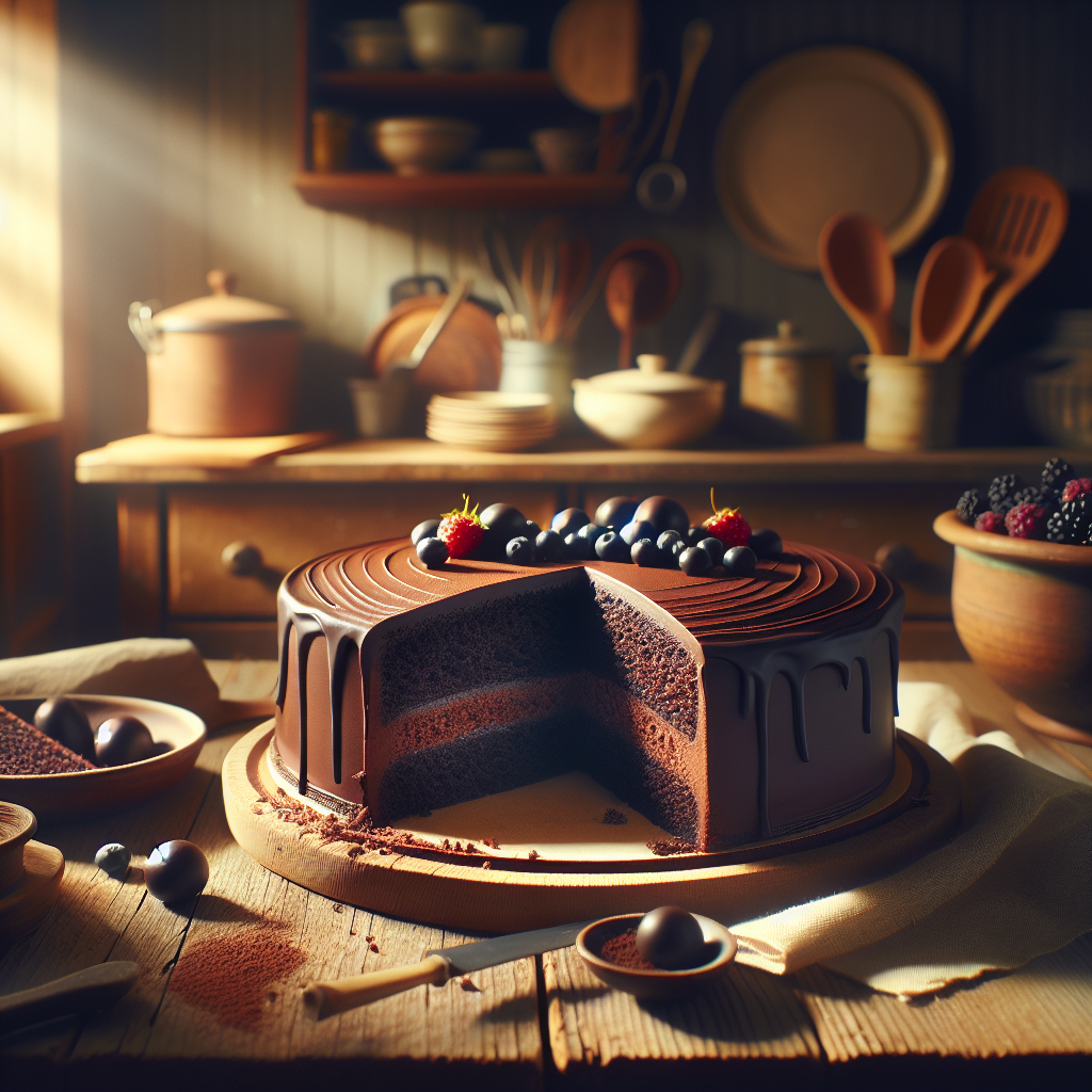 A beautifully crafted homemade chocolate cake, freshly sliced to reveal its rich, moist layers and decadent chocolate ganache, takes center stage on a rustic wooden kitchen table. The softly blurred background features warm hues of a cozy kitchen, with vintage utensils and a bowl of fresh berries hinting at a delightful culinary experience. Soft, natural light streams in from a nearby window, casting gentle shadows and highlighting the velvety texture of the cake while enhancing the inviting atmosphere of the scene.