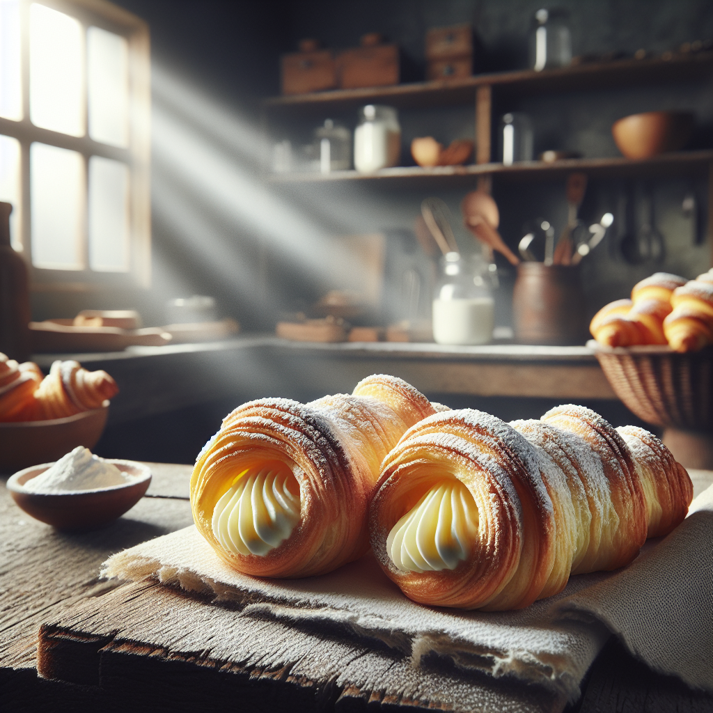 Close-up of homemade cream horns, elegantly dusted with powdered sugar and showcasing a rich, creamy filling peeking out from the flaky pastry. The background features a softly blurred, rustic kitchen with wooden shelves lined with baking tools and ingredients, creating a warm, inviting atmosphere. Natural light streams in, highlighting the textures of the cream horns while enhancing the overall brightness and contrast of the scene.