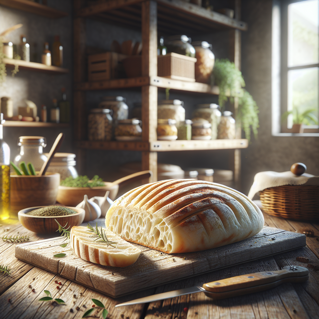 A freshly sliced homemade panini bread, its crisp crust and airy interior glistening with a light sheen of olive oil, takes center stage in the foreground. The background is softly blurred, revealing a warm, inviting kitchen with rustic wooden shelves filled with herbs and spices. Soft, natural light filters through a nearby window, casting gentle shadows and highlighting the textures of the bread while a small cutting board and knife rest beside it, suggesting the joy of a homemade meal.